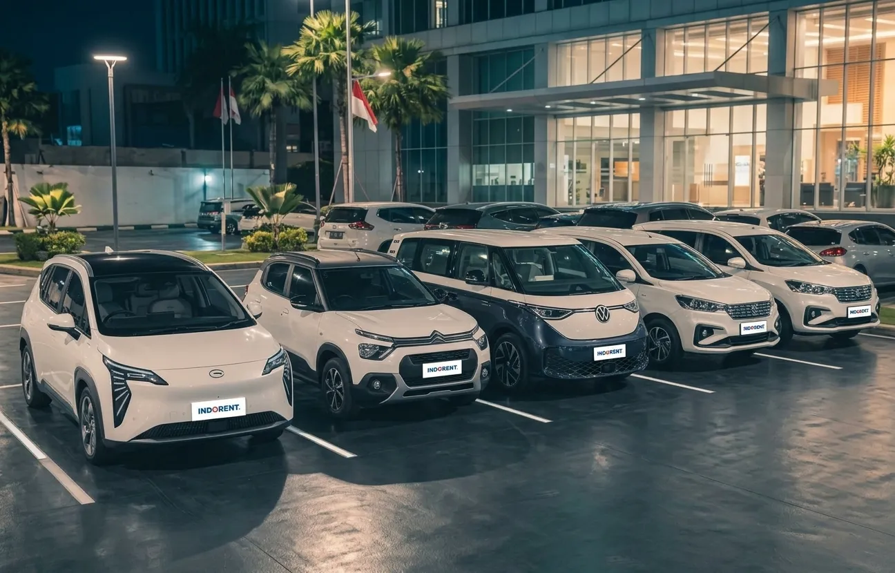 Deretan SUV armada INDORENT terparkir di depan gedung perkantoran pada malam hari