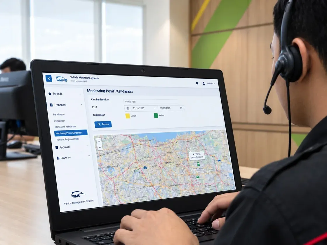 Petugas INDORENT memantau posisi kendaraan lewat aplikasi Vehicle Management System