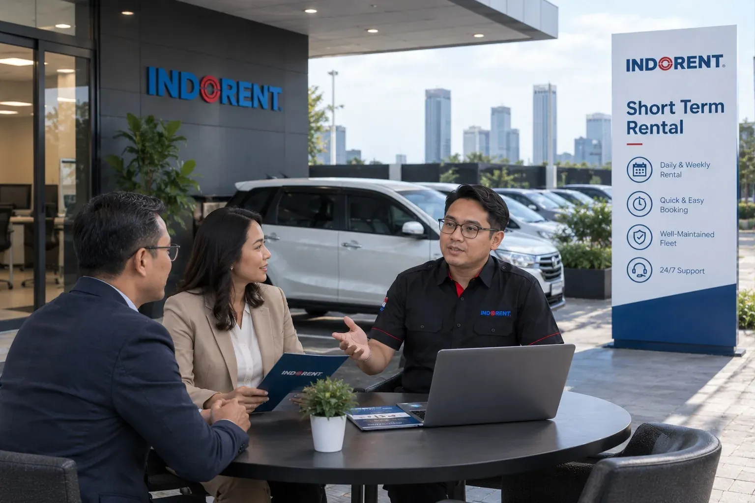 Petugas INDORENT berdiskusi dengan klien mengenai layanan sewa mobil jangka pendek di depan kantor