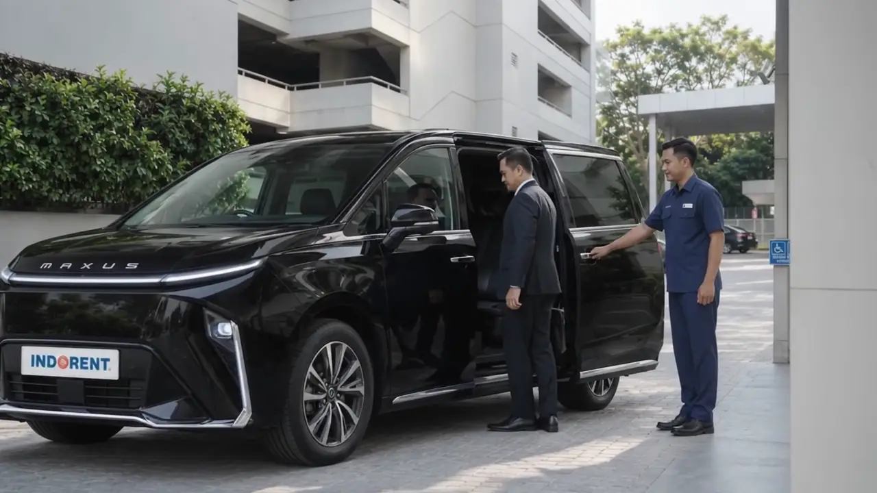 Pengemudi INDORENT membukakan pintu MPV untuk eksekutif perusahaan